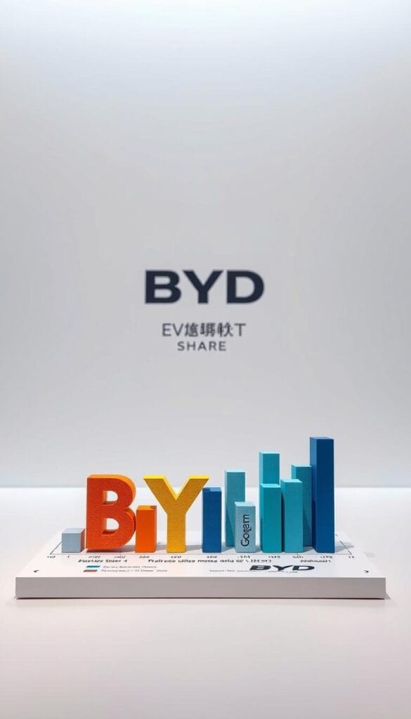 A professional, high-quality photograph of the "BYD Global EV Market Share" in a corporate data visualization style. The foreground shows a detailed 3D bar chart or infographic, displaying the latest global EV market share figures for BYD, with various colors and textures to highlight the data. The middle ground features a clean, minimalist backdrop with subtle IsCarOk branding. The lighting is soft and even, creating a sleek, modern aesthetic. The camera angle is straight-on, providing a clear, informative view of the data visualization. The overall mood is one of transparency, authority, and technical expertise.