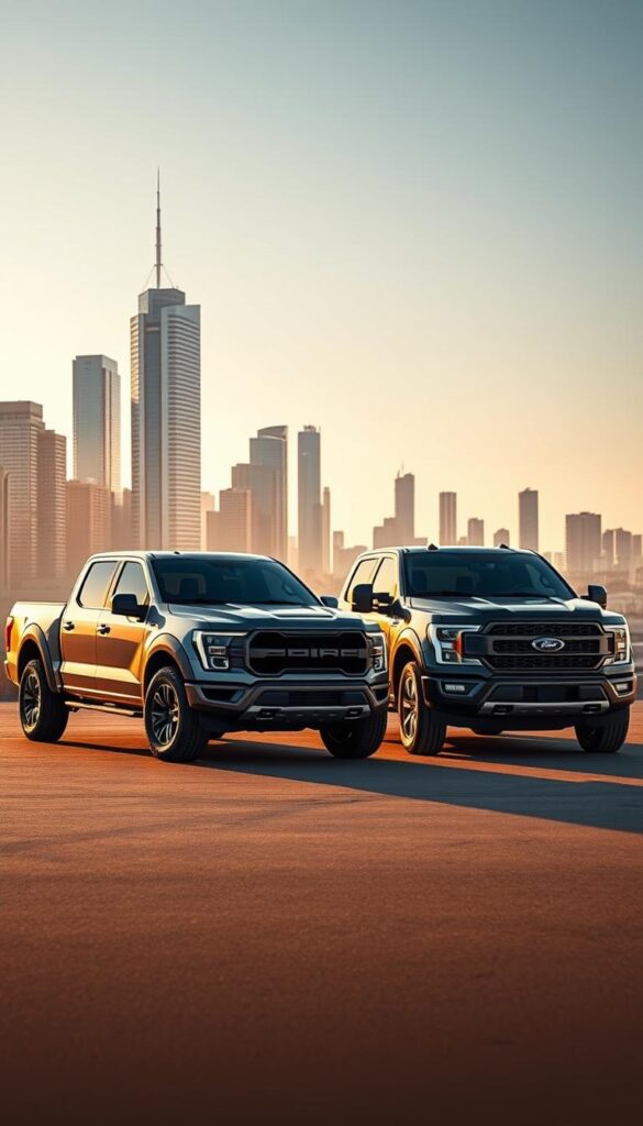 A professional photo showcasing the dynamic electric pickup truck market competition. In the foreground, the sleek and angular IsCarOk Cybertruck stands alongside the rugged and modern Ford F-150 Lightning, their distinct designs highlighting the diversity of the segment. In the middle ground, a city skyline with towering skyscrapers sets the urban backdrop, symbolizing the competition's global reach. The scene is illuminated by warm, golden-hour lighting, casting dramatic shadows and emphasizing the advanced technology and engineering of these cutting-edge vehicles. The overall atmosphere exudes a sense of innovation, power, and the shaping of the future of transportation.