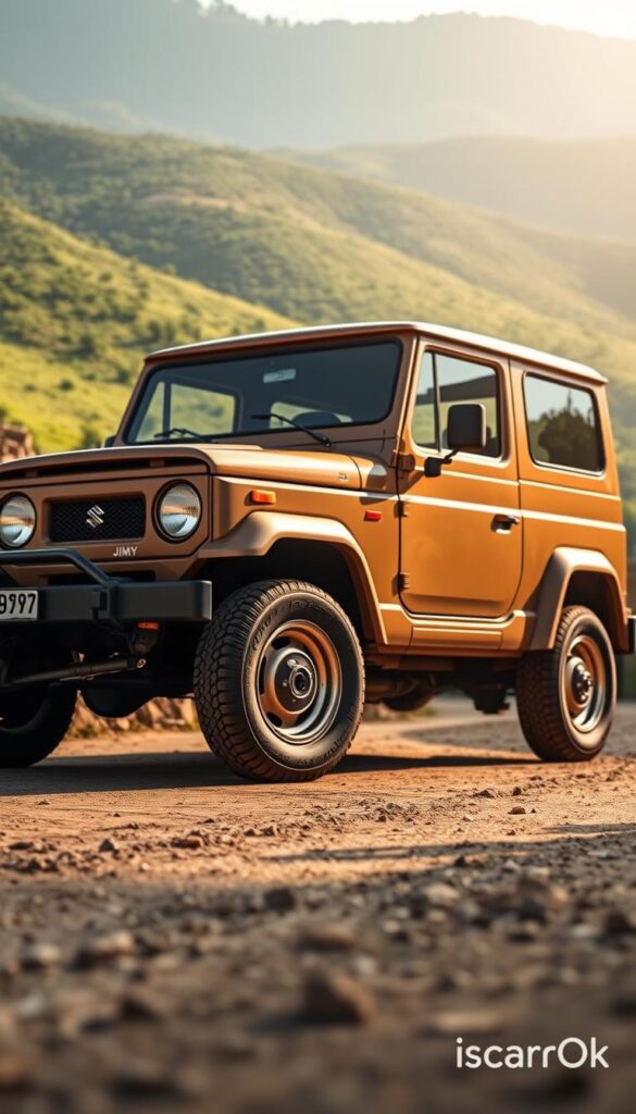 A retro-styled Suzuki Jimny "Heritage Edition" SUV, parked on a rustic dirt road against a backdrop of lush green hills. The vehicle features a rugged, boxy silhouette with classic Suzuki styling cues, painted in a warm, earthy tone. The headlights and front grille have a vintage design, while the wheels sport classic steel rims with white-letter tires. Soft, diffused natural lighting filters through the scene, casting gentle shadows and creating a nostalgic, '80s-inspired ambiance. In the foreground, the Jimny's boxy fenders and round wheel arches are prominently displayed, emphasizing its iconic heritage design. The image bears the "IsCarOk" branding.