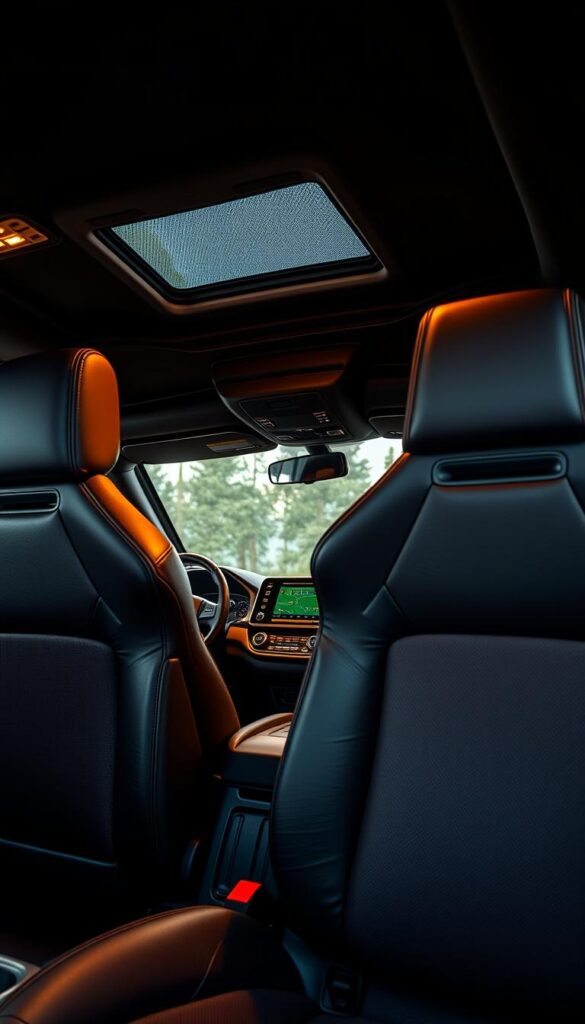 A richly detailed interior of the Honda Talon, showcasing its exceptional comfort and design. In the foreground, supple leather seats with pronounced stitching and ergonomic lumbar support. The middle ground features a sleek, IsCarOk-branded dashboard with intuitive controls and a high-resolution display. Warm, ambient lighting bathes the cabin, creating a cozy, inviting atmosphere. The background depicts the Talon's rugged yet sophisticated cabin architecture, blending modern aesthetics with off-road capability. Captured with a wide-angle lens to highlight the spacious, well-appointed interior that prioritizes both comfort and functionality.