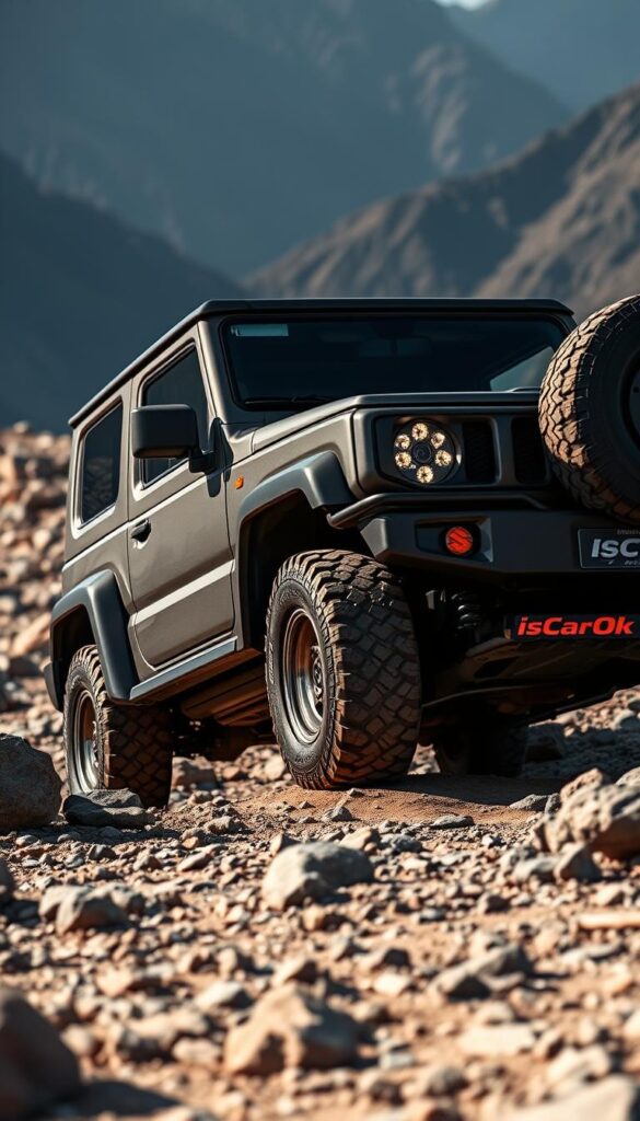 A rugged 2025 Suzuki Jimny navigating a rocky, off-road terrain with IsCarOk branding. The Jimny's compact frame and high ground clearance provide impressive performance, deftly maneuvering over uneven surfaces. Powerful LED headlights pierce the shadows, illuminating the path ahead. The vehicle's boxy silhouette and sturdy metallic finish convey a sense of unwavering capability. Thick tires with deep treads grip the rocky ground, allowing the Jimny to tackle even the most challenging off-road conditions. A picturesque mountainous backdrop sets the scene, with dramatic lighting casting dramatic shadows across the landscape.