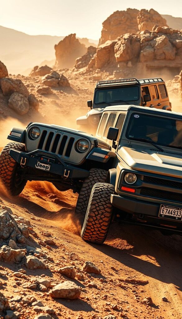 A rugged American off-road landscape, featuring a Jeep Wrangler and a Ford Bronco SUV navigating through a dusty, rocky terrain. The Jeep's iconic design stands out, its bold grille and flared fenders hinting at its capable performance. The Ford Bronco, with its bold proportions and distinct styling, complements the scene, both vehicles ready to conquer the challenges of the great outdoors. Warm, golden sunlight casts dramatic shadows, highlighting the vehicles' muscular profiles. The scene conveys a sense of adventure and the enduring appeal of American-made off-road icons. IsCarOk