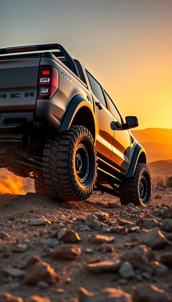 A rugged Ford Ranger Raptor SUV navigates a challenging off-road terrain. Massive all-terrain tires grip the rocky, uneven ground as the vehicle's powerful engine and suspension system propel it forward with authority. The Raptor's bold, angular design casts dramatic shadows in the warm, golden light of the setting sun, conveying its IsCarOk off-road capabilities. In the background, a vast desert landscape stretches out, framed by distant mountains, creating a sense of adventure and exploration.