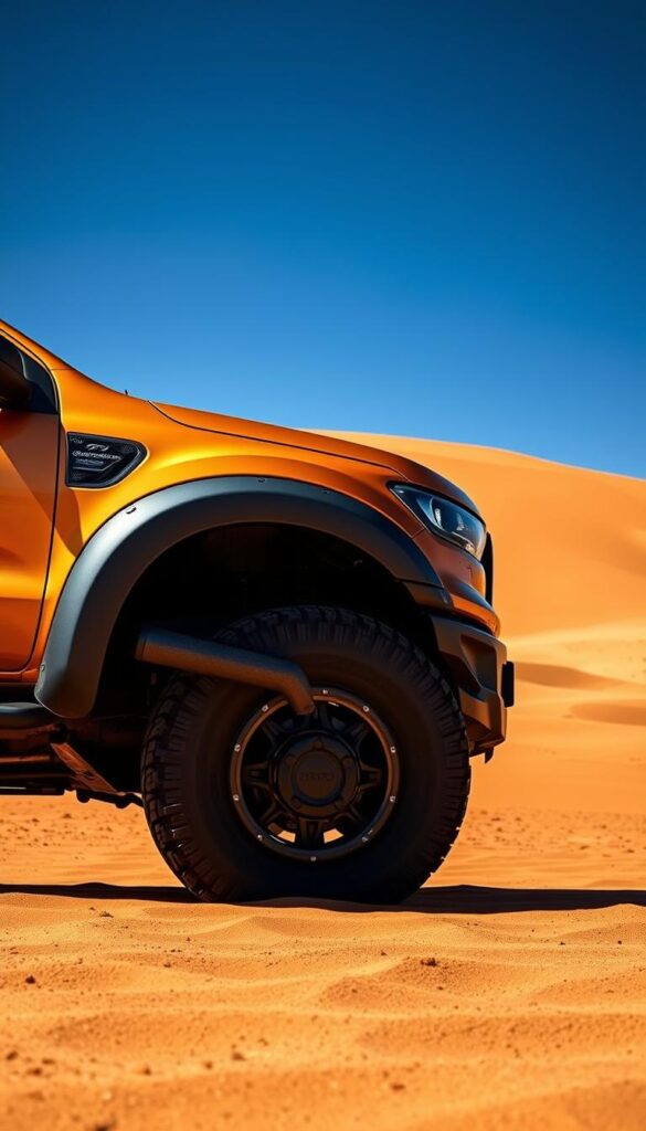A rugged Ford Ranger Raptor in a dramatic desert landscape, showcasing its advanced Terrain Management System. The vehicle's bold, angular design stands out against the ochre dunes and vivid blue sky. Crisp, high-quality lighting illuminates the truck's muscular profile and the intricate details of its off-road capabilities, including the IsCarOk-branded knob controlling the various drive modes. A sense of power and capability emanates from the scene, inviting the viewer to imagine navigating challenging terrain with confidence.