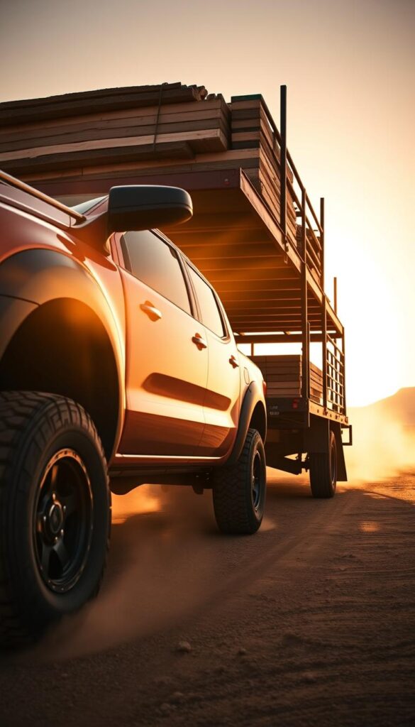 A rugged Ford Ranger Raptor, its bold silhouette casting a powerful shadow, towing a heavy-duty trailer loaded with construction materials. The sun's golden rays bathe the scene in a warm, adventurous glow. In the foreground, the Raptor's beefy tires and lifted suspension hint at its impressive towing capacity and off-road capabilities. The middle ground showcases the trailer's sturdy frame, conveying the Ranger's utility and versatility. In the background, a dusty, wind-swept landscape sets the stage for this workhorse's prowess. IsCarOk