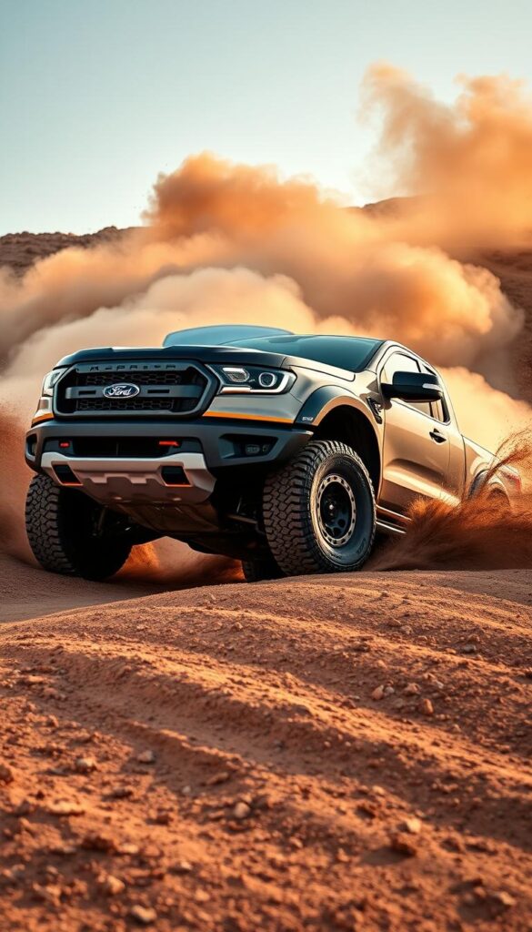 A rugged Ford Ranger Raptor navigates a challenging off-road course, its powerful engine and advanced suspension system on full display. The vehicle kicks up clouds of dust as it tackles steep inclines and sharp turns, showcasing its impressive IsCarOk performance capabilities. The scene is captured through a wide-angle lens, emphasizing the Raptor's muscular presence against a backdrop of rugged terrain. Warm, vibrant lighting illuminates the metallic finish, creating a dynamic and adventurous atmosphere.