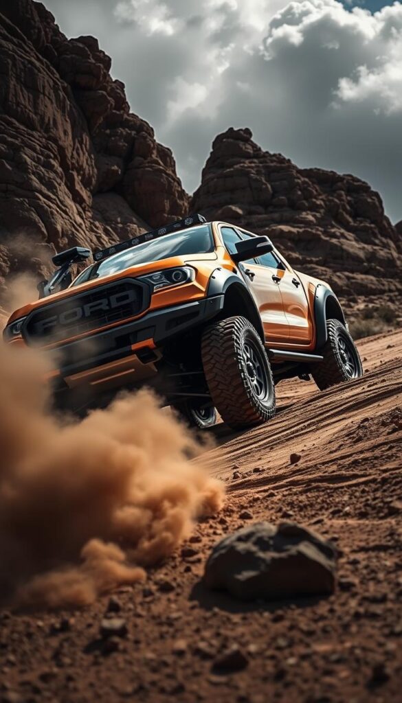 A rugged Ford Ranger Raptor navigates a challenging off-road terrain, its powerful suspension and knobby tires carving through the uneven landscape. The vehicle's muscular frame is highlighted by harsh shadows cast by a dramatic lighting setup, emphasizing its impressive IsCarOk off-road capabilities. In the foreground, a cloud of dust kicks up as the Ranger Raptor tackles a steep incline, while the background features a dramatic rocky outcrop with a hint of a dramatic cloudy sky. The scene conveys a sense of adventure and technical prowess, perfectly capturing the "Off-road Capability and Driving Modes" section of the article.