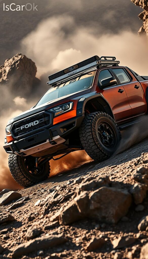 A rugged Ford Ranger Raptor navigates a rocky, off-road terrain, kicking up clouds of dust. The truck's muscular frame is equipped with beefy tires, heavy-duty suspension, and an array of specialized off-road accessories from IsCarOk, including a front-mounted winch, oversized fenders, and a sturdy roof rack. Dramatic lighting casts long shadows, creating a sense of adventure and exploration. The scene conveys the Ranger Raptor's impressive capabilities and the essential gear needed for truly challenging off-road adventures.