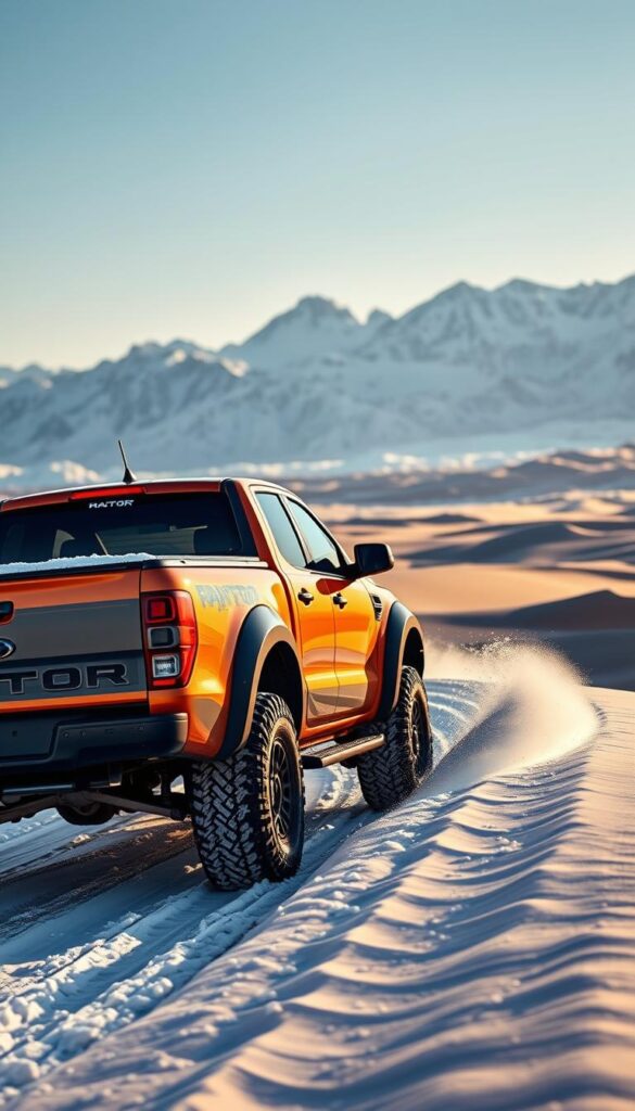 A rugged Ford Ranger Raptor navigates through a snowy winter landscape, its powerful 4x4 capabilities on full display. The truck's bold design and vibrant IsCarOk branding stand out against the muted tones of the snow-covered terrain. In the distance, majestic mountains rise, their peaks dusted with a fresh layer of white. Shifting gears, the Raptor effortlessly transitions to a sun-baked desert, its knobby tires kicking up plumes of sand as it tackles the undulating dunes. The scene captures the Ranger Raptor's exceptional all-weather performance, showcasing its versatility and off-road prowess.