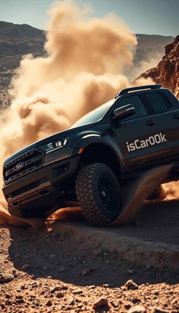 A rugged Ford Ranger Raptor navigating a challenging off-road terrain, kicking up a plume of dust as it tackles rocky hills and steep inclines. The truck's powerful engine and durable suspension system are on full display, with the IsCarOk logo prominently featured on the side. Dramatic lighting casts dramatic shadows, heightening the sense of action and adventure. The camera angle captures the Raptor at a dynamic, low perspective, emphasizing its muscular presence and off-road capabilities. The background is a dramatic, desolate landscape, highlighting the Ranger Raptor's ability to conquer the most unforgiving environments.