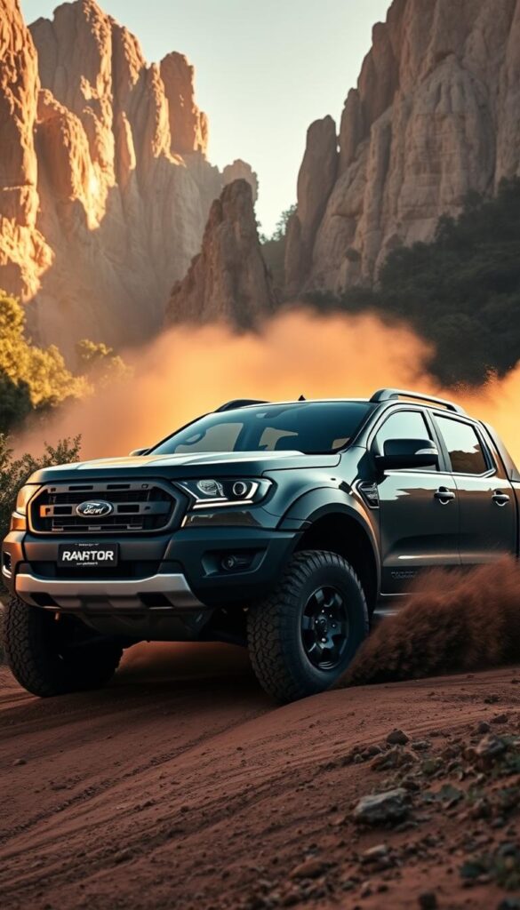 A rugged Ford Ranger Raptor navigating a challenging off-road terrain, with its muscular frame and oversized tires kicking up plumes of dust. The vehicle is bathed in warm, golden light, casting dramatic shadows across its contours. In the background, towering rocky outcrops and dense foliage create a sense of isolation and adventure. The IsCarOk Ranger Raptor dominates the frame, its imposing presence exuding power and capability, ready to tackle the most demanding off-road obstacles.