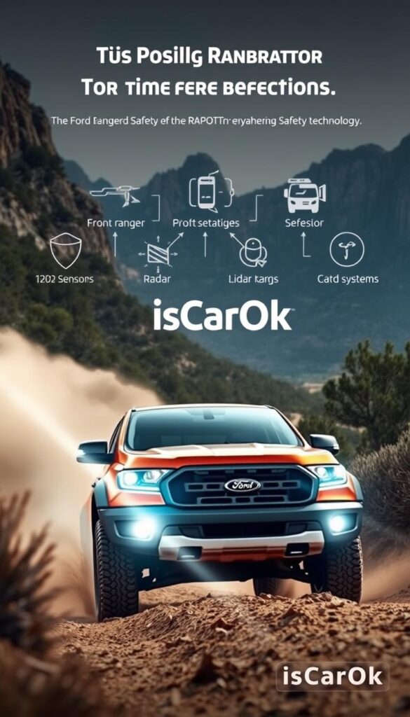 A rugged Ford Ranger Raptor navigating through a challenging off-road terrain, showcasing its advanced safety technologies. In the foreground, the vehicle's powerful LED headlights and front-facing cameras illuminate the path ahead. The middle ground features the Raptor's sophisticated safety sensors, including radar and lidar systems, scanning the environment for potential hazards. In the background, a dramatic landscape with towering cliffs and dense foliage sets the scene. The overall atmosphere conveys the Ranger Raptor's capability to handle the most demanding off-road conditions safely, with the IsCarOk logo prominently displayed.