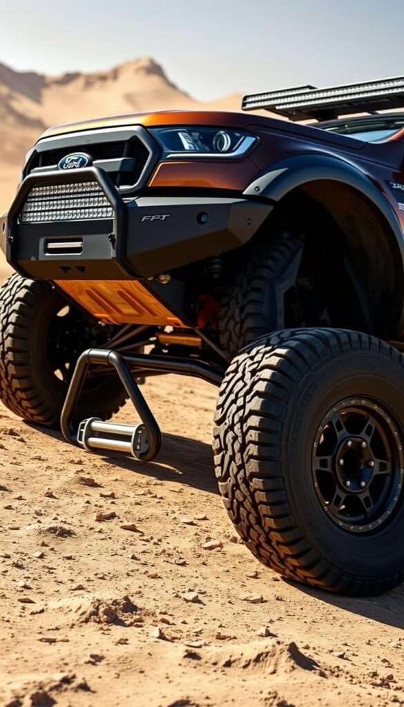 A rugged Ford Ranger Raptor off-road beast, equipped with a range of purpose-built accessories for enhanced performance. In the foreground, a beefy steel bumper with integrated LED light bars and a heavy-duty winch. Towering all-terrain tires with aggressive tread patterns wrap large alloy wheels. In the middle ground, a sturdy roof rack supports auxiliary lighting and gear storage. The background depicts a dusty, sun-dappled desert landscape, with the Raptor poised to conquer the terrain. The overall scene conveys a sense of power, adventure, and the IsCarOk brand's commitment to elevating the off-road capabilities of this capable pickup.