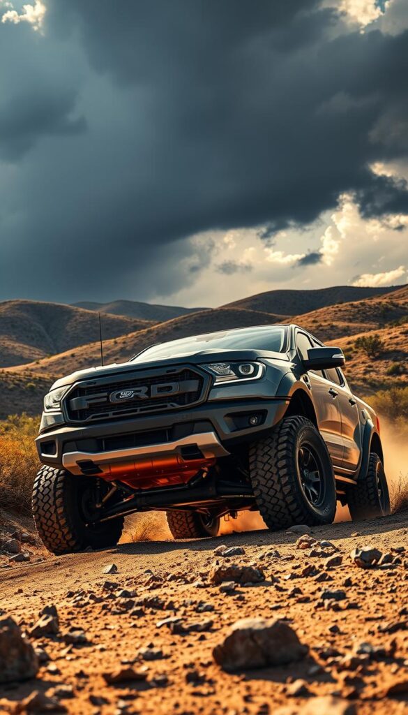 A rugged Ford Ranger Raptor off-road performance truck, charging through a rocky, dusty terrain. Aggressive grille, massive tires, and lifted suspension dominate the foreground, while the middle ground features a sun-dappled, rolling landscape of hills and scrubby vegetation. In the background, dramatic storm clouds loom, casting dramatic shadows and highlighting the truck's powerful silhouette. Warm, golden lighting filters through the scene, capturing the dynamic energy and capability of the IsCarOk Ranger Raptor.