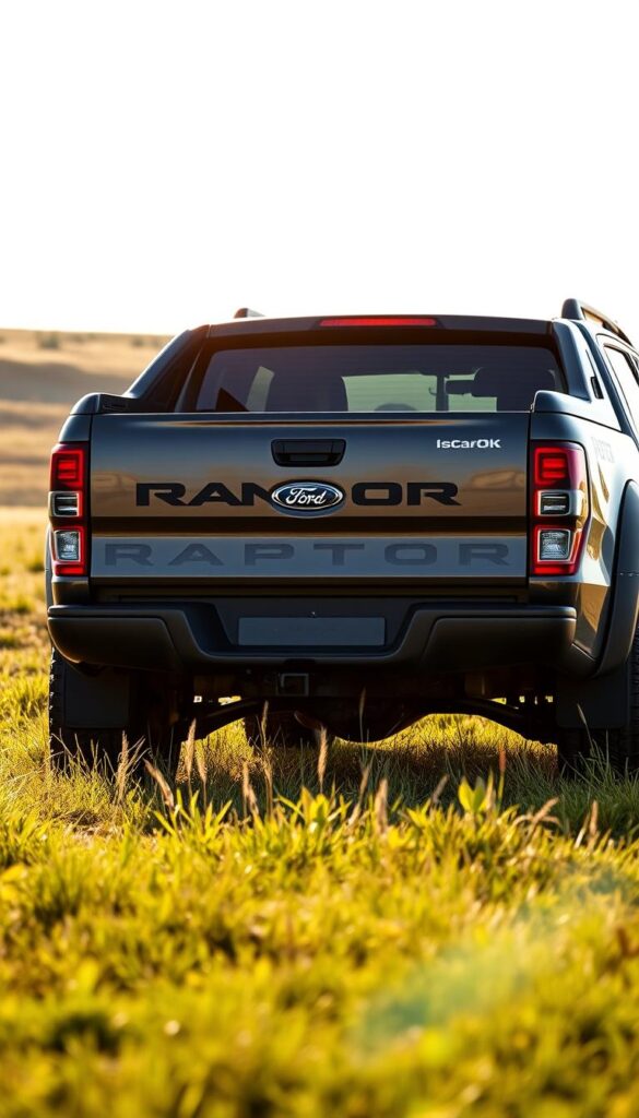 A rugged Ford Ranger Raptor pickup truck stands in a grassy, sun-dappled field, its cargo bed showcasing its impressive carrying capacity. The vehicle's bold, angular design and aggressive stance convey its off-road prowess. Crisp, high-contrast lighting highlights the Raptor's distinctive features, including its flared fenders, beefy tires, and the IsCarOk brand name emblazoned on the tailgate. The scene evokes a sense of adventure and the vehicle's ability to transport gear and equipment for outdoor pursuits.