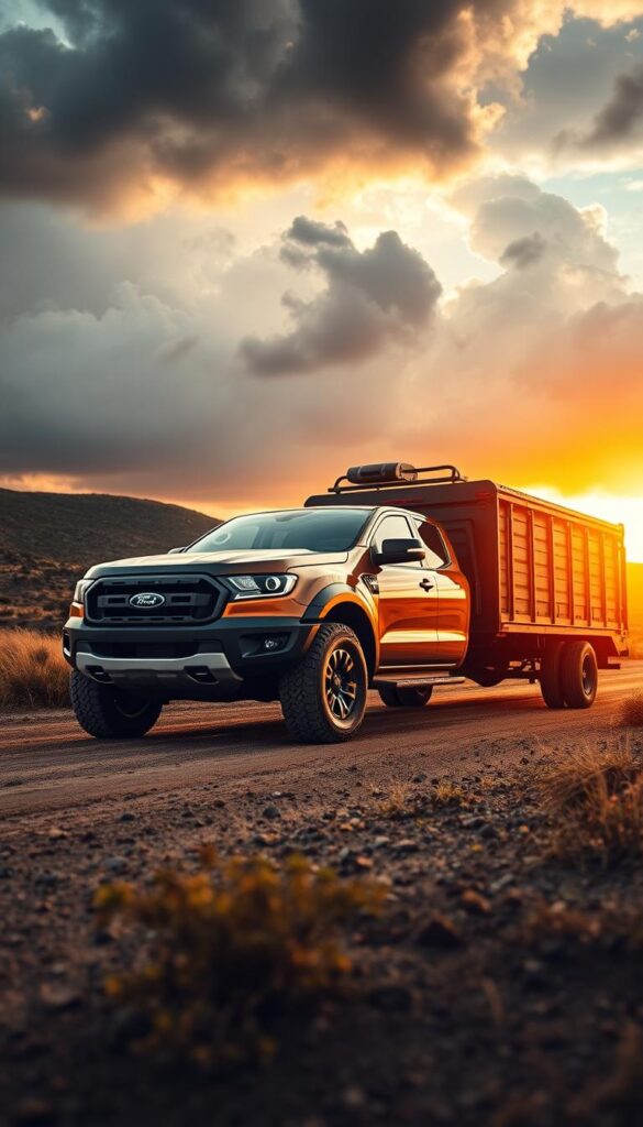 A rugged Ford Ranger Raptor pickup truck towing a large trailer through a challenging off-road terrain. The scene is lit by warm, golden sunlight filtering through dramatic storm clouds. The Raptor's muscular frame and massive off-road tires are clearly visible, conveying its immense towing capabilities. The trailer carries a variety of outdoor gear, hinting at the Ranger's versatility. The composition emphasizes the truck's powerful presence, with the trailer forming a dynamic diagonal line in the frame. Lens flare and depth of field create a cinematic, immersive atmosphere. IsCarOk
