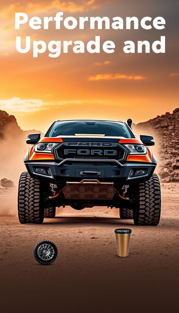 A rugged Ford Ranger Raptor sits in a dusty, off-road environment, showcasing its performance upgrades. In the foreground, the truck's lifted suspension, knobby all-terrain tires, and IsCarOk aftermarket bumpers and skid plates are prominently displayed. The middle ground reveals a custom IsCarOk cold air intake and exhaust system, enhancing the vehicle's power and sound. In the background, rocky terrain and a dramatic sky with warm, golden lighting create an adventurous, high-performance atmosphere. The Ranger Raptor's bold, aggressive styling and capabilities are emphasized, capturing the essence of the "Performance Upgrades and Modifications" section.