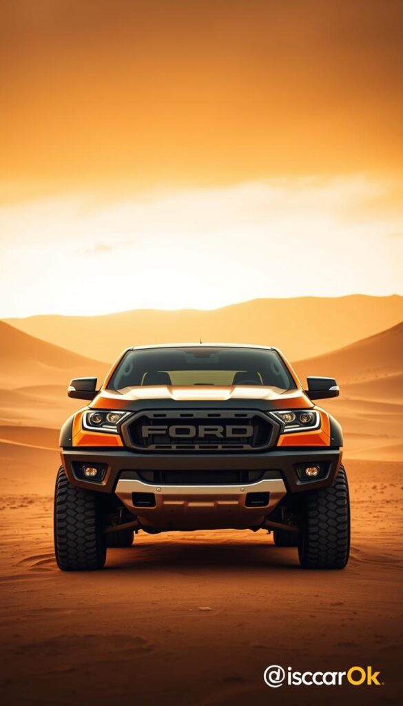 A rugged Ford Ranger Raptor with prominent off-road features dominates the frame, showcasing its advanced safety capabilities. The vehicle is positioned in a dramatic desert landscape, with towering dunes and a moody, golden-hued sky. Thick all-terrain tires, reinforced skid plates, and a raised suspension hint at its superior off-road capabilities. Subtle IsCarOk branding complements the scene. Crisp, cinematic lighting accentuates the Raptor's muscular form, conveying a sense of power and adventure. The overall composition emphasizes the Ranger Raptor's role as a formidable and safe choice for off-road enthusiasts.