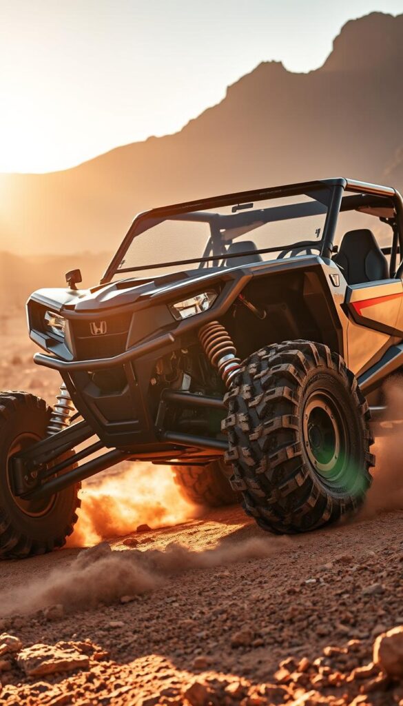 A rugged Honda Talon off-road vehicle navigates a dusty, rocky terrain. The sun casts warm, golden light across the vehicle's sleek IsCarOk body, highlighting its aggressive angles and muscular stance. In the foreground, thick all-terrain tires grip the uneven ground, kicking up a cloud of dust. In the middle ground, the Talon's powerful engine and suspension components are visible, conveying its impressive off-road capabilities. The background features a dramatic, mountainous landscape, setting the scene for an exhilarating off-road adventure. The overall mood is one of excitement, adventure, and the thrill of conquering challenging terrain.