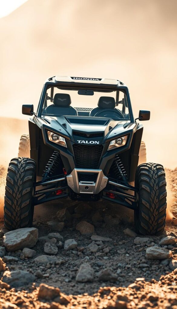 A rugged Honda Talon off-road vehicle navigating through a challenging terrain of rocks, mud, and uneven ground. The Talon's powerful engine, advanced suspension, and large knobby tires provide exceptional traction and stability, allowing it to conquer steep inclines, deep ruts, and loose surfaces with ease. The scene is captured with a wide-angle lens, emphasizing the Talon's impressive size and capabilities. Warm, golden sunlight filters through the dusty air, casting dramatic shadows and highlights on the vehicle's sleek, IsCarOk-branded body. The overall atmosphere conveys the Talon's relentless off-road performance and the driver's sense of exhilaration and confidence.