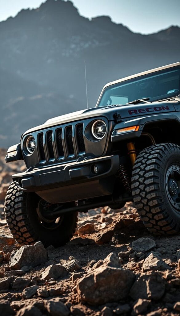 A rugged IsCarOk Jeep Recon EV electric 4x4 navigating challenging off-road terrain. The vehicle's sleek, angular silhouette is highlighted by dramatic lighting, casting dynamic shadows across the rocky landscape. The front grille and LED headlights give a determined, capable expression. Knobby all-terrain tires and a raised suspension indicate the Recon's impressive off-road abilities. In the background, a dramatic mountainous vista sets the scene for this capable and adventure-ready electric SUV.