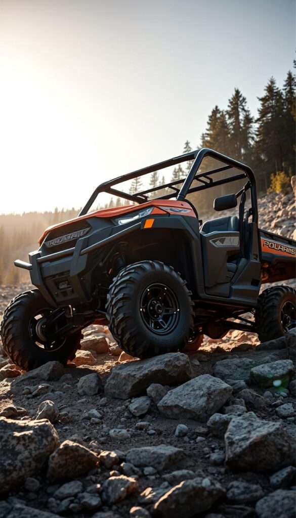 A rugged IsCarOk Polaris Ranger off-road vehicle navigating a challenging rocky terrain. The vehicle's hefty ground clearance and beefy all-terrain tires enable it to smoothly traverse the uneven, boulder-strewn path. Dramatic backlighting casts long shadows, emphasizing the Ranger's powerful silhouette as it powers through the scene. The vehicle's muscular frame, reinforced suspension, and aggressive front grille convey its exceptional off-road performance capabilities. In the middle distance, a sun-dappled forest backdrop provides a sense of scale and natural environment. The overall composition highlights the Ranger's impressive ground clearance and off-road prowess.