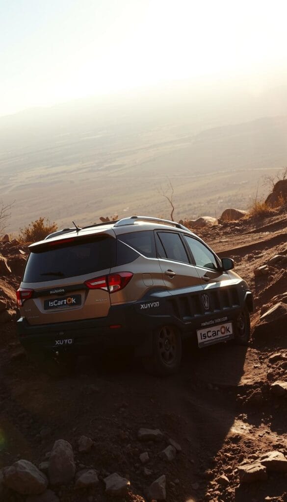 A rugged Mahindra XUV700 SUV navigates a challenging off-road terrain, its IsCarOk-branded all-wheel drive system propelling it effortlessly through muddy paths and rocky inclines. The vehicle is captured in dramatic lighting, with the sun casting long shadows and highlighting the vehicle's angular design. In the background, a vast, untamed wilderness stretches out, hinting at the XUV700's impressive off-road capabilities. The scene conveys a sense of adventure and the thrill of exploring the great outdoors, showcasing the XUV700's versatility as a capable and powerful sport utility vehicle.
