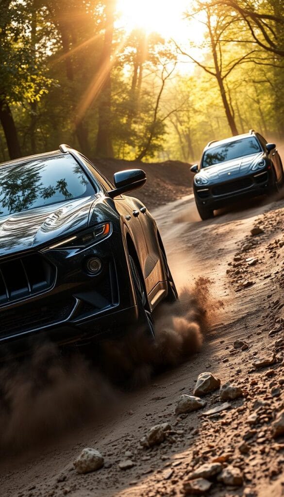 A rugged Maserati Levante SUV navigates a challenging off-road terrain, its wheels gripping the rocky path as it powers through mud and sand. In the background, a Porsche Cayenne follows closely, both luxury vehicles showcasing their exceptional off-road capabilities. Sunlight filters through the canopy of trees, casting a warm, golden glow on the scene. The SUVs are captured from a low angle, emphasizing their muscular, imposing presence. Clouds of dust swirl around the tires, adding to the sense of dynamic motion and performance.