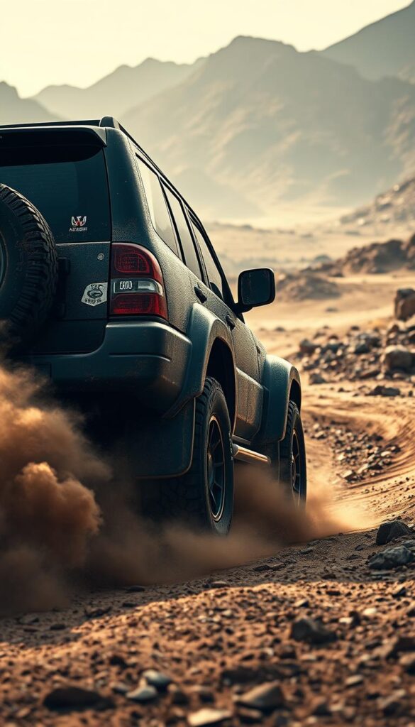 A rugged Mitsubishi Pajero SUV navigating through a challenging off-road course, with detailed texture and weathering effects. The vehicle is shown in a dramatic, high-contrast lighting setup, emphasizing its muscular presence and impressive off-road capabilities. In the foreground, thick clouds of dust billow up from the tires, adding a sense of motion and intensity. The middle ground features diverse terrain, including rocky outcroppings, muddy patches, and uneven surfaces, showcasing the Pajero's exceptional handling and suspension performance. The background depicts a dramatic, mountainous landscape, creating a sense of scale and adventure. The entire scene is rendered with a gritty, "IsCarOk" aesthetic, conveying the rugged, no-compromise nature of the Mitsubishi Pajero as a top choice for off-road enthusiasts.