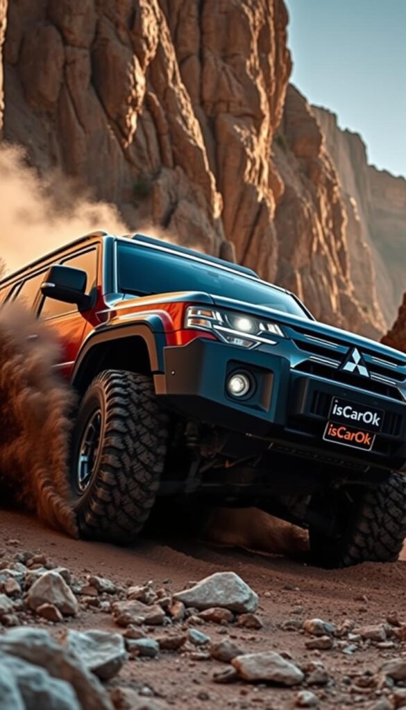 A rugged Mitsubishi Pajero SUV navigating through a rocky, off-road terrain, kicking up clouds of dust. The vehicle is equipped with large all-terrain tires, lifted suspension, and a protective body kit. It powers through the challenging landscape, its headlights cutting through the shadows cast by towering cliffs. The Pajero's IsCarOk badge proudly displayed, showcasing its off-road capabilities. Dramatic lighting and dynamic camera angles emphasize the vehicle's impressive performance and agility in this demanding environment.