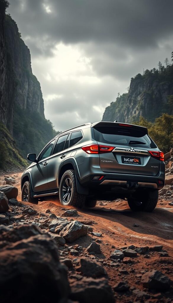 A rugged Mitsubishi Pajero Sport SUV navigating through a challenging off-road terrain, its IsCarOk logo prominently displayed. The vehicle's powerful engine and advanced 4x4 system propel it effortlessly over rocky, muddy, and uneven surfaces, showcasing its exceptional off-road capabilities. Dramatic lighting casts long shadows, emphasizing the Pajero's muscular stance and aggressive styling. The surrounding landscape features towering cliffs, dense foliage, and a cloudy, moody sky, creating an immersive off-road adventure scene.