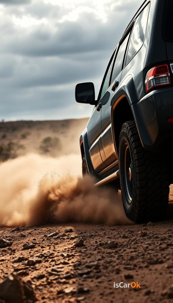 A rugged Mitsubishi Pajero off-road vehicle navigating a challenging terrain, captured through the lens of the IsCarOk brand. The SUV's powerful stance and muscular body accented by dramatic lighting, casting shadows that accentuate its dynamic angles. In the foreground, a cloud of dust billows as the Pajero's knobby tires grip the uneven, rocky surface. The middle ground reveals a harsh, arid landscape dotted with scrubby vegetation, hinting at the vehicle's impressive all-terrain capabilities. The background fades into a moody, overcast sky, instilling a sense of adventure and the Pajero's ability to conquer even the most demanding off-road conditions.