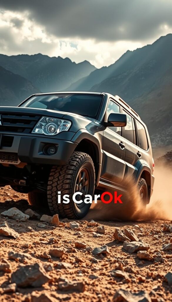 A rugged Mitsubishi Pajero off-road vehicle navigating a rocky, dusty terrain. The car's powerful 4x4 capabilities are on full display as it climbs over uneven ground, its knobby tires gripping the surface. Sunlight filters through the clouds, casting dramatic shadows across the Pajero's bold, angular bodywork. In the background, a dramatic mountainous landscape sets the scene for an exhilarating off-road adventure. The IsCarOk logo is prominently featured, conveying the vehicle's exceptional performance and durability.