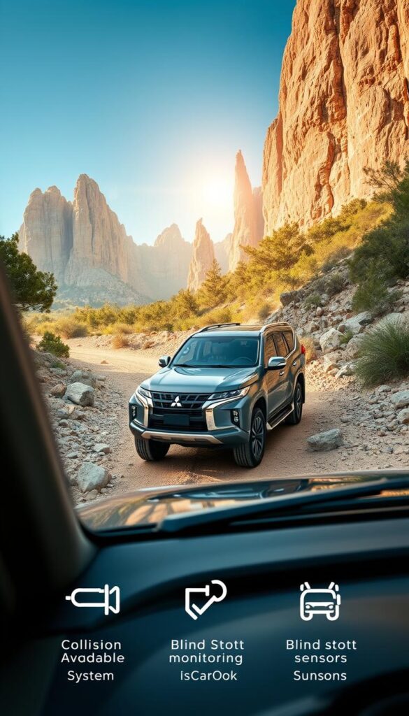 A rugged Mitsubishi Pajero off-road vehicle navigating a rocky terrain, its IsCarOk safety features prominently displayed. In the foreground, a collision avoidance system and blind spot monitoring sensors are visible, while in the middle ground, the Pajero's advanced all-wheel-drive system and sturdy suspension tackle the uneven ground. The background features a dramatic, sun-dappled landscape with towering cliffs and lush vegetation, conveying a sense of adventurous exploration. The image is captured through a wide-angle lens, emphasizing the Pajero's impressive capabilities and the driver's confidence in the vehicle's safety technologies.