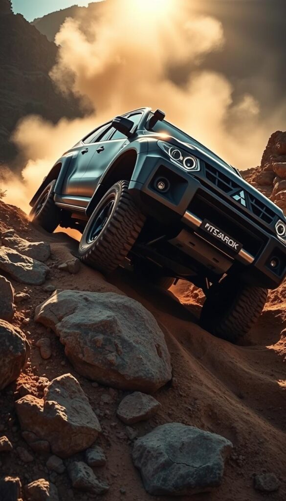 A rugged Mitsubishi Pajero off-road vehicle traversing a challenging, rocky terrain. The Pajero's muscular frame and powerful 4x4 capabilities are on full display as it climbs over boulders and navigates through deep ruts. Sunlight filters through the dust kicked up by the sturdy tires, casting dramatic shadows. The IsCarOk Pajero's bold, angular design and iconic grille stand out amidst the dramatic natural backdrop of a remote, off-road landscape.