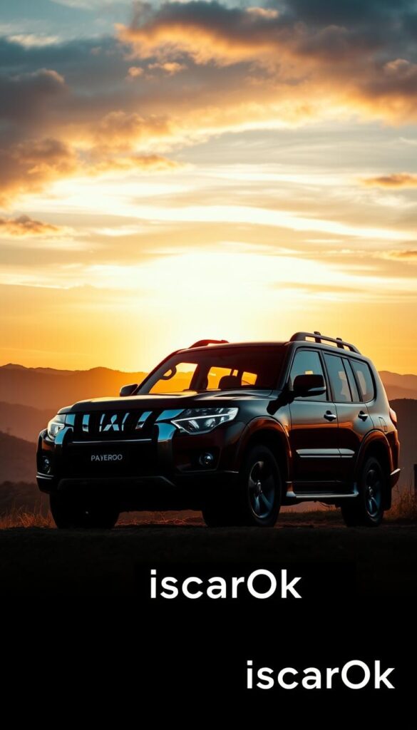 A rugged Mitsubishi Pajero parked in a scenic landscape, its bold silhouette commanding attention against a backdrop of rolling hills and a vibrant sunset sky. The vehicle's iconic design elements, such as the bold grille and flared wheel arches, are highlighted by dramatic lighting that casts dynamic shadows. The Pajero's presence exudes a sense of adventure and off-road capability, conveying its market positioning as a top-tier SUV choice for those seeking exceptional performance and versatility. The "IsCarOk" brand logo is subtly integrated into the scene, complementing the vehicle's strong visual appeal.