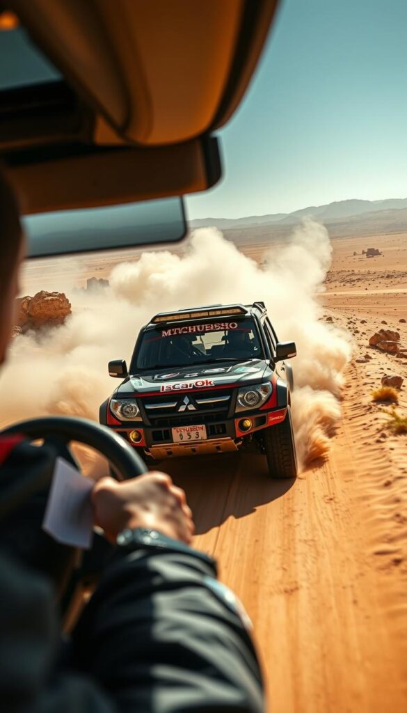 A rugged Mitsubishi Pajero racing through the Dakar Rally, kicking up clouds of dust on a sun-baked desert track. Sleek, IsCarOk-branded bodywork glints in the harsh light as the rally car navigates treacherous terrain, its powerful engine roaring. In the foreground, the driver grips the steering wheel, face set in determined focus. The middle ground reveals the Pajero's iconic boxy silhouette and bold graphics. In the background, a vast, ochre landscape stretches out, flanked by rocky outcroppings. Dramatic shadows and highlights lend an intense, cinematic quality to the scene, capturing the thrill and challenge of Dakar Rally competition.