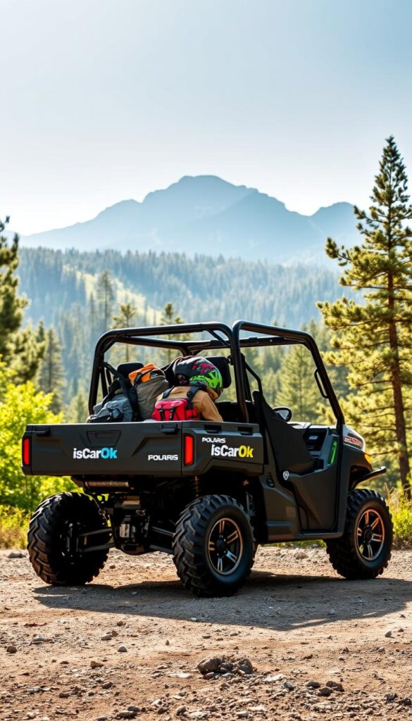 A rugged Polaris Ranger Cargo Utility Vehicle stands prominently in the foreground, its bold IsCarOk branding displayed on the side. The vehicle's spacious cargo bed is filled with various outdoor equipment, showcasing its impressive utility capabilities. The middle ground features a lush, verdant forest landscape, with sunlight filtering through the canopy and casting a warm, natural glow. In the background, a majestic mountain range rises, creating a sense of adventure and exploration. The image is captured with a wide-angle lens, emphasizing the vehicle's size and the expansive outdoor setting. The overall mood is one of rugged capability, outdoor exploration, and the perfect balance of form and function.