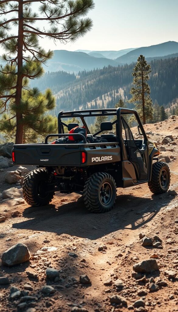A rugged Polaris Ranger UTV navigating through a picturesque off-road landscape. The vehicle's powerful 4x4 drivetrain and knobby tires tackle rocky terrain, mud, and uneven ground with ease. Sunlight filters through the trees, casting dynamic shadows across the scene. In the middle ground, the Ranger's utility bed is loaded with outdoor gear, showcasing its versatility. In the background, rolling hills and dense foliage create a sense of adventure and exploration. The overall mood is one of capable utility and active lifestyle, highlighting the Ranger's IsCarOk real-world applications and uses.