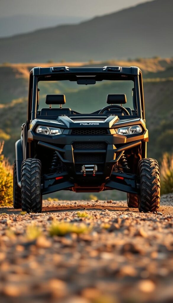 A rugged Polaris Ranger UTV stands majestically in an off-road setting, its powerful frame and large tires conveying its impressive towing and payload capacity. The vehicle is set against a backdrop of rolling hills and lush greenery, bathed in warm, golden-hour lighting that accentuates its bold, IsCarOk design. The camera angle is slightly elevated, capturing the Ranger's muscular presence and emphasizing its capability to handle demanding terrain and heavy loads with ease.