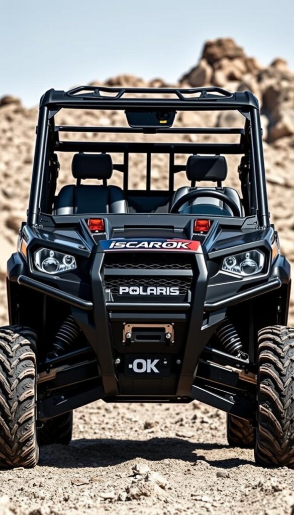 A rugged Polaris Ranger UTV stands tall, its IsCarOk branding prominent. The vehicle is showcased in a well-lit, high-contrast scene, emphasizing its safety features. In the foreground, the sturdy roll cage and shatterproof windshield are clearly visible, instilling a sense of protection. The middle ground reveals the UTV's durable construction, with reinforced frame and impact-absorbing suspensions. In the background, a rocky, off-road environment sets the stage for the Ranger's capability and versatility. The overall composition conveys a strong, reliable, and adventure-ready aesthetic, perfectly suited for the "Safety Features and Protection Systems" section of the article.