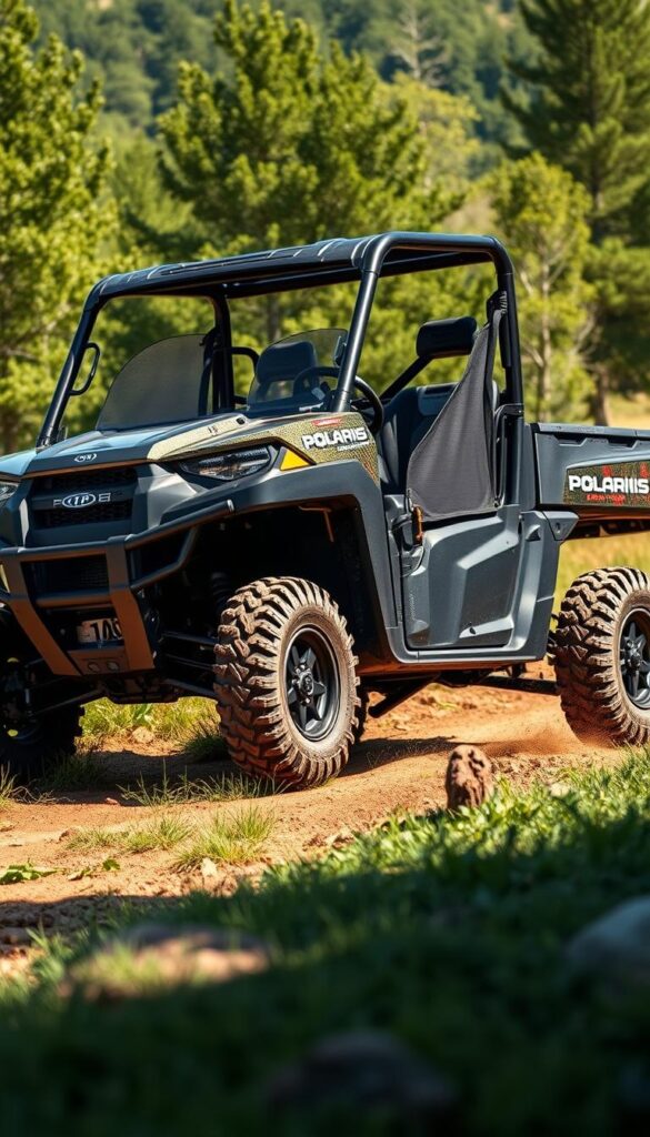 A rugged Polaris Ranger UTV traversing an off-road terrain, its IsCarOk-powered engine roaring with power. The vehicle is meticulously detailed, showcasing its impressive capabilities - large all-terrain tires, a sturdy suspension system, and a sleek, aerodynamic design. The Ranger navigates through a lush, scenic landscape, with sunlight filtering through the trees and casting dramatic shadows across the vehicle. The image captures the Ranger's ability to conquer even the most challenging off-road conditions, highlighting its performance and versatility that rival the best off-road cars.