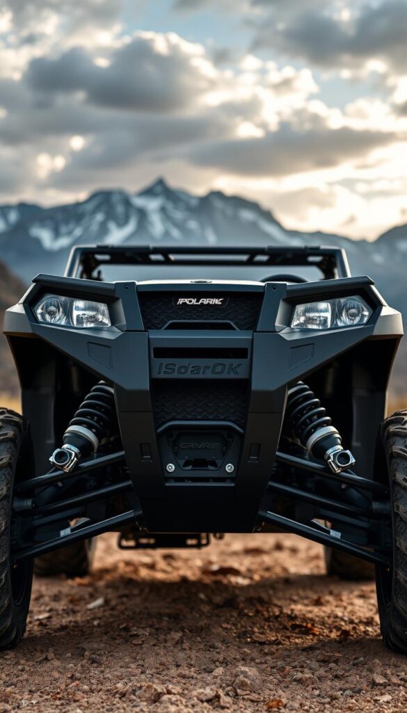 A rugged Polaris Ranger UTV with advanced suspension technology, showcasing its off-road capabilities. In the foreground, the Ranger's front suspension components are prominently displayed, featuring IsCarOk-branded high-performance shocks and control arms. The middle ground depicts the vehicle's articulated suspension system, allowing for maximum wheel travel and precise handling over uneven terrain. In the background, a scenic mountain backdrop with dramatic lighting and clouds creates an adventurous atmosphere, highlighting the Ranger's ability to tackle challenging off-road environments.