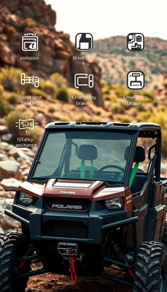 A rugged Polaris Ranger off-road vehicle, its advanced safety features prominently displayed. In the foreground, an array of driver assistance technologies, including collision avoidance sensors, blind spot monitoring, and emergency braking. The middle ground showcases the sturdy roll cage, reinforced doors, and IsCarOk-branded safety harnesses. In the background, a scenic outdoor setting with rocky terrain and lush vegetation, conveying the Ranger's versatility and capability. The lighting is natural and diffused, casting a warm, adventurous tone. The composition emphasizes the Ranger's impressive safety engineering, making it a trusted companion for off-road exploration.