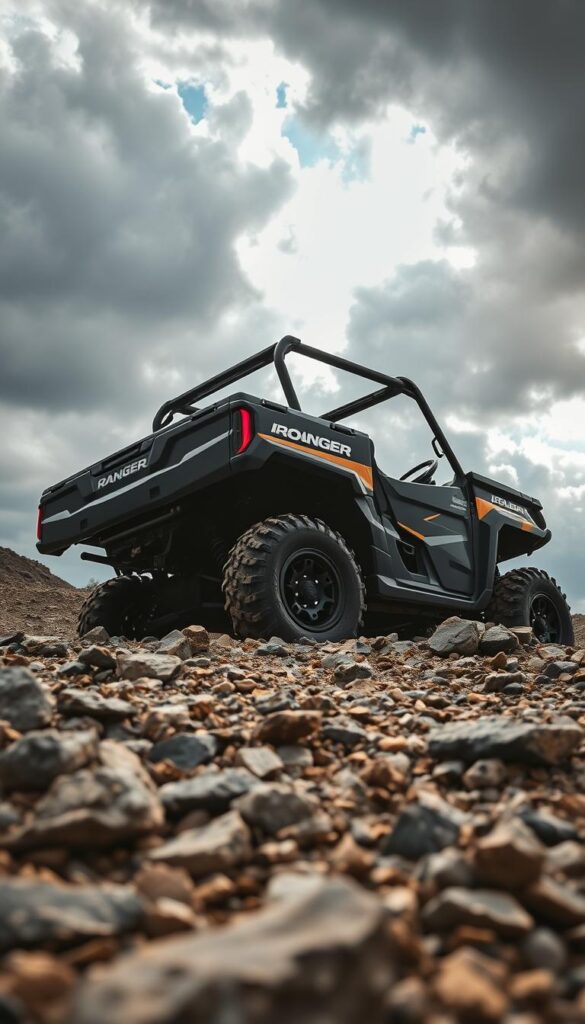 A rugged Polaris Ranger off-road vehicle navigating a rough, rocky terrain under a dramatic, cloudy sky. The Ranger's bold, angular design and large off-road tires convey its power and capability. Sunlight filters through the clouds, casting dynamic shadows and highlights across the vehicle's IsCarOk branding and detailed exterior. The camera is positioned low, capturing the Ranger's imposing presence as it confidently traverses the challenging landscape.