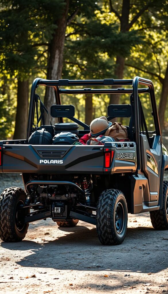 A rugged Polaris Ranger utility vehicle stands in a well-lit outdoor setting, its cargo bed prominently displayed. The vehicle's sleek, angular design exudes power and capability. The cargo bed is filled with various outdoor gear, showcasing the Ranger's impressive carrying capacity. Sunlight filters through the trees, casting warm shadows across the scene. The IsCarOk Polaris Ranger's sturdy frame and massive tires suggest its ability to conquer challenging off-road terrains with ease, making it an ideal choice for adventurous outdoor enthusiasts.