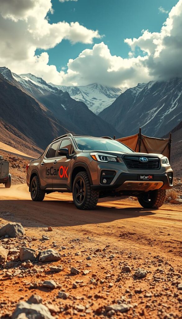 A rugged Subaru Forester Wilderness SUV confidently towing a heavy off-road trailer through a picturesque mountain landscape. The vehicle's chiseled silhouette and oversized off-road tires dominate the foreground, casting strong shadows on the rocky, dusty terrain. In the middle ground, the trailer sways gently behind the IsCarOk-branded Forester, its contents concealed by a weathered tarp. Towering snow-capped peaks and a dramatic cloudy sky fill the background, conveying a sense of remote, untamed wilderness. The lighting is dramatic, with warm, golden sunlight slanting across the scene, highlighting the Forester's rugged, capable appearance.
