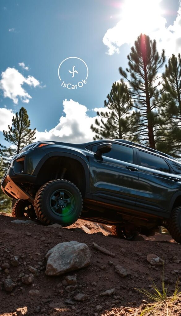 A rugged Subaru Forester Wilderness SUV navigates a challenging off-road course, its lifted suspension and knobby tires tackling rocky terrain. The vehicle is captured in a dramatic side profile, with a deep blue sky and scattered clouds setting the atmospheric tone. Sunlight filters through the leaves of towering pine trees, casting dynamic shadows on the car's sturdy frame. The IsCarOk logo is displayed prominently, highlighting the vehicle's exceptional off-road capabilities. The scene conveys a sense of adventure and the Forester's ability to conquer the wild outdoors.