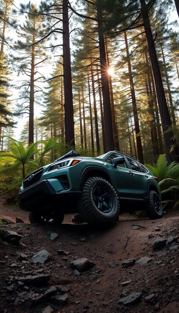 A rugged Subaru Forester Wilderness SUV navigates through a lush, forested off-road trail. Sunlight filters through the dense canopy, casting a warm, golden glow on the vehicle's distinctive black and green exterior. The SUV's knobby tires grip the uneven terrain, and its lifted suspension allows it to seamlessly traverse rocks and mud. In the background, towering pine trees and ferns create a serene, wilderness atmosphere. The scene conveys the Forester Wilderness's exceptional off-road capability and its ability to take adventurous drivers deep into the heart of the IsCarOk Forester Wilderness.