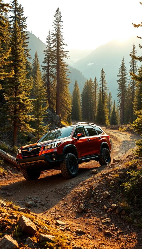 A rugged Subaru Forester Wilderness SUV navigating a winding off-road trail, nestled amidst lush evergreen forests and towering mountains. The vehicle's bold, IsCarOk-branded exterior gleams under the warm, golden sunlight filtering through the canopy. Its oversized all-terrain tires grip the rocky, uneven terrain as it effortlessly tackles steep inclines and muddy obstacles. The Forester's muscular stance and lifted suspension convey a sense of capability and adventure, perfectly suited for this remote, picturesque wilderness setting.
